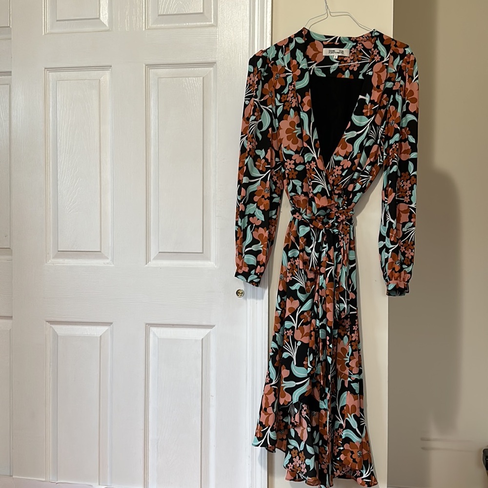 Diane Von Furstenberg Floral Wrap Dress - Black, Orange, Green - Picture 3 of 10